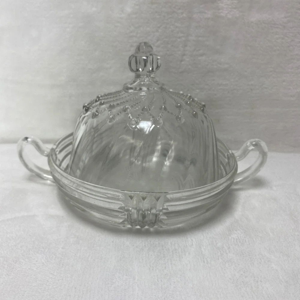 VTG Clear Glass Round Covered Candy Dish with Handles Sunburst‎ Pattern Lid